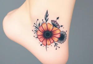 a watercolor tattoo with one rose, one lily, one marigold, and one cosmos flower. Half of it should be black and white and it should transition into rainbow tattoo idea