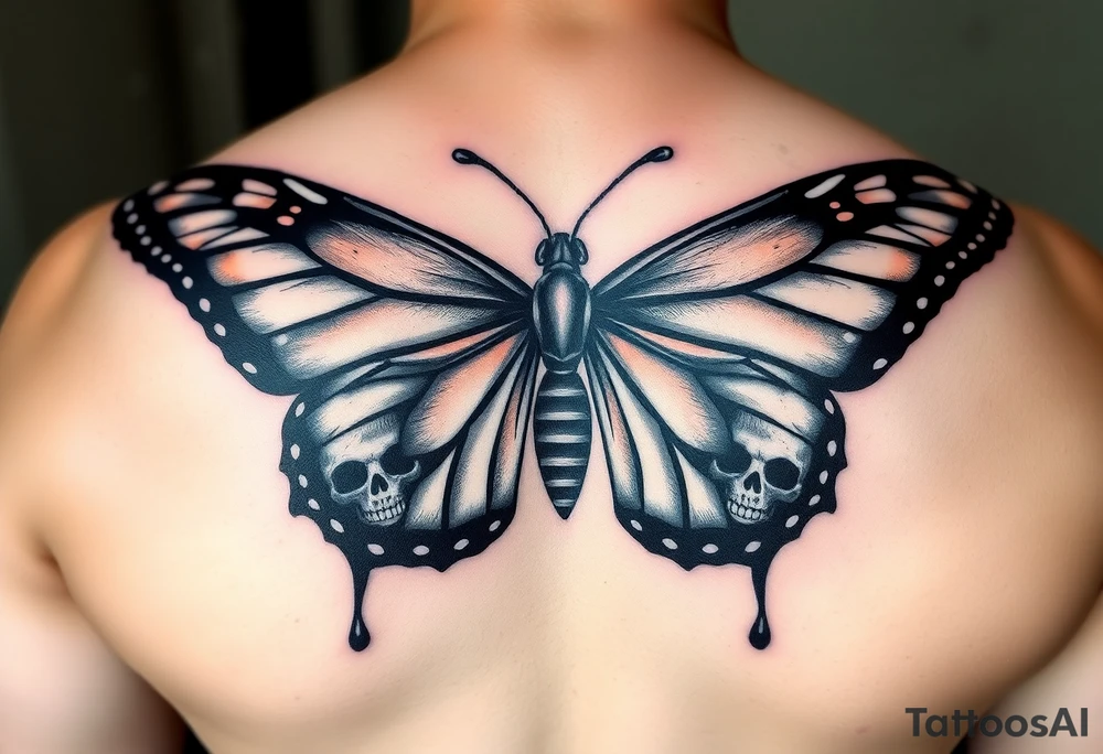 powerful majestic and dark monarch butterfly with skull detail in the wings
hidden skulls in wings, with a dripping effect, including some blue and red highlights tattoo idea