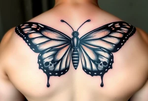 powerful majestic and dark monarch butterfly with skull detail in the wings
hidden skulls in wings, with a dripping effect, including some blue and red highlights tattoo idea