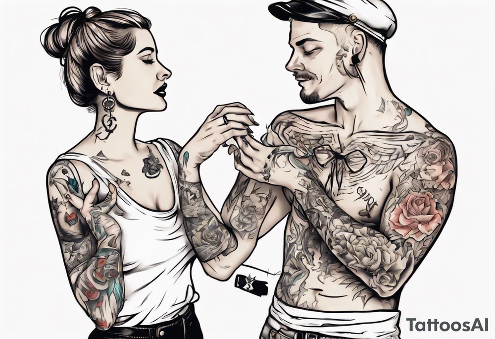 woman giving man a tattoo on heart tattoo idea