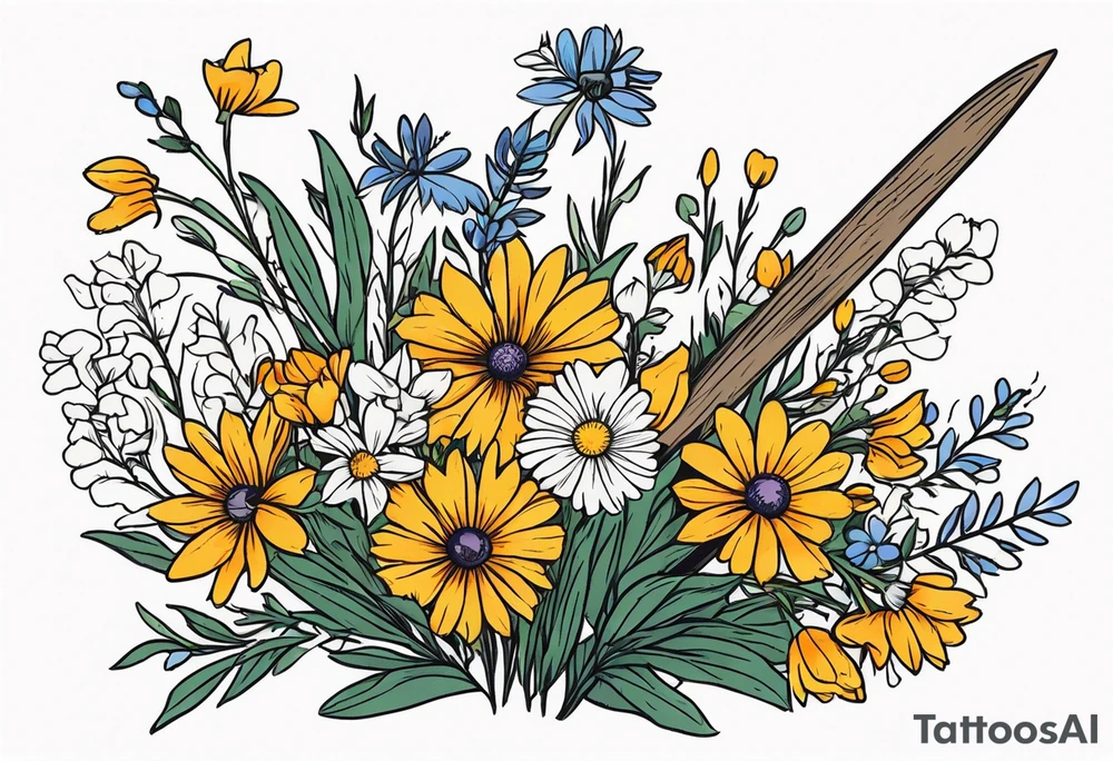 Bouquet of wildflowers tied to a broom tattoo idea