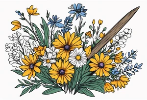 Bouquet of wildflowers tied to a broom tattoo idea