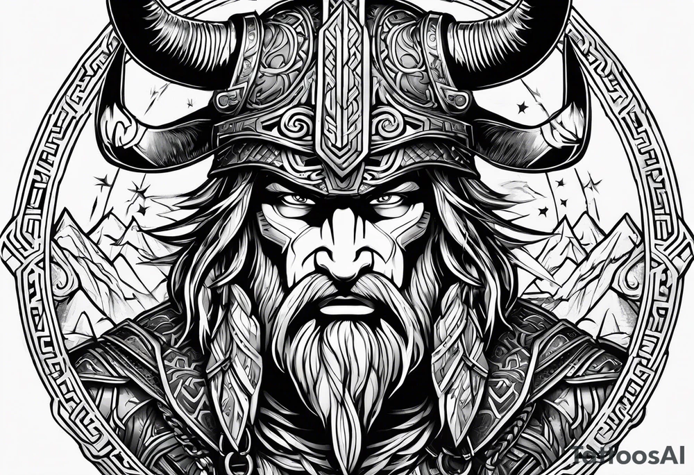 Odins face with a helmet on that has horns, lightning running through it, and other Norse mythological objects in around tattoo idea