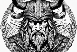 Odins face with a helmet on that has horns, lightning running through it, and other Norse mythological objects in around tattoo idea