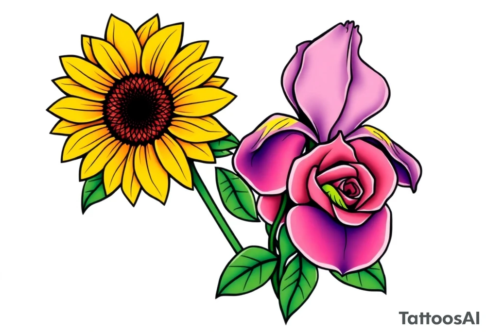 Sunflower,iris and a Rose flowers tattoo idea