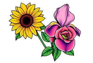 Sunflower,iris and a Rose flowers tattoo idea