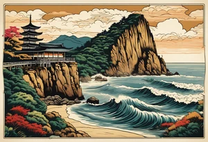 a vintage postcard showing a seaside with cliff on a November day tattoo idea