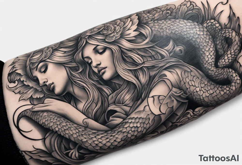 Arm sleeve with angels killing a snake. tattoo idea