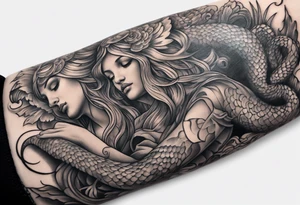 Arm sleeve with angels killing a snake. tattoo idea