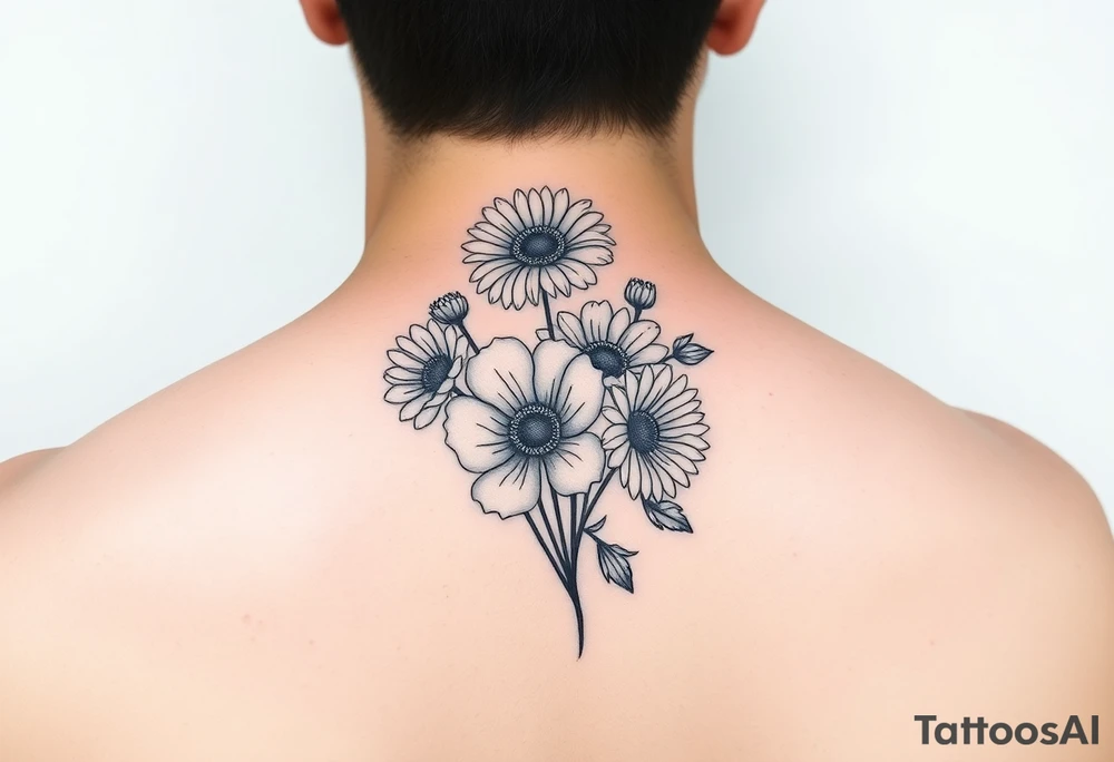 Simple minimalist line tattoo of flower bouquet in order of these flowers, daisy, cosmo, poppy, chrysanthemum, cosmo tattoo idea