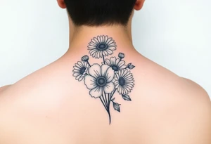 Simple minimalist line tattoo of flower bouquet in order of these flowers, daisy, cosmo, poppy, chrysanthemum, cosmo tattoo idea