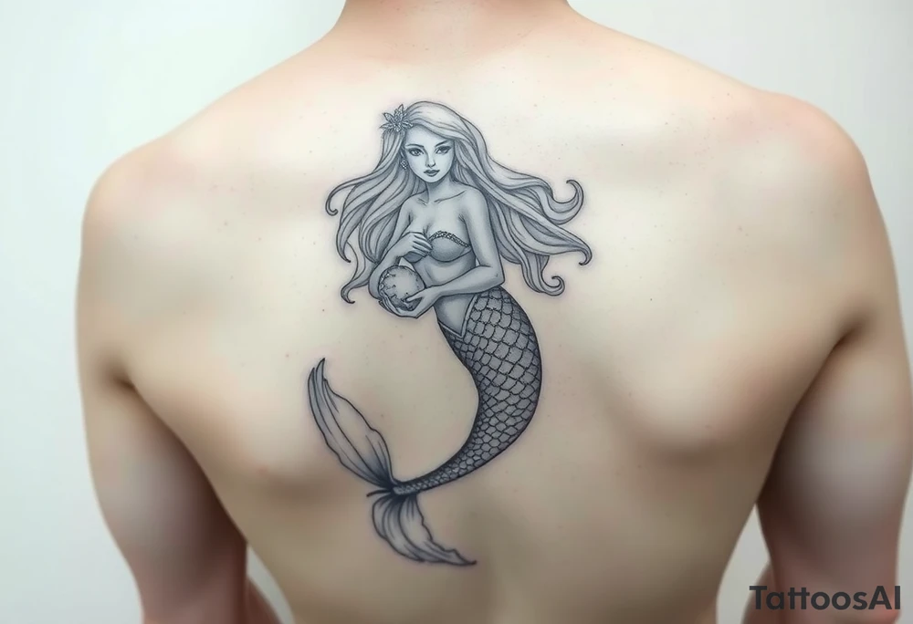 Mermaid tattoo full body soft face light grainy holding a shell in hand tattoo idea