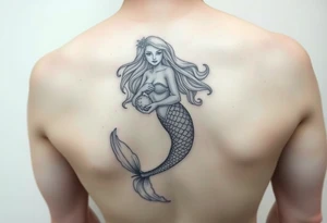 Mermaid tattoo full body soft face light grainy holding a shell in hand tattoo idea