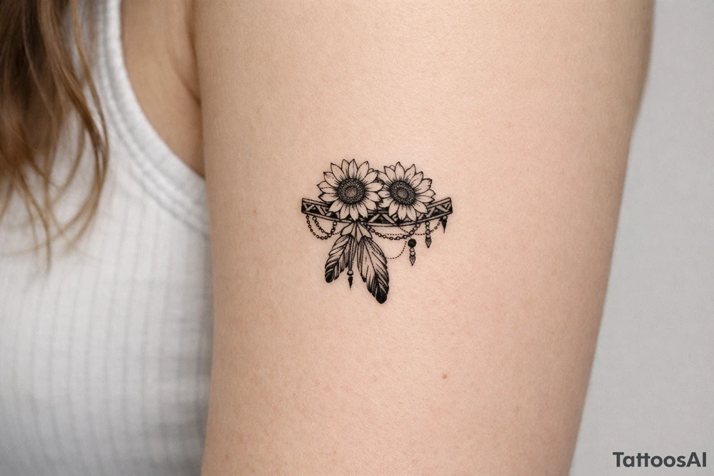 sunflowers with feathers and female Indian tribal ribbon cascading upper arm tattoo idea