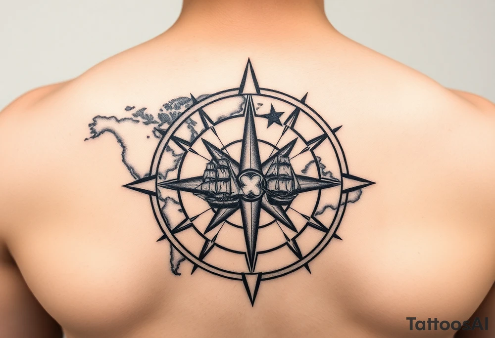 antique compass rose overlaid on weathered world map with sailing ships tattoo idea