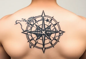 antique compass rose overlaid on weathered world map with sailing ships tattoo idea
