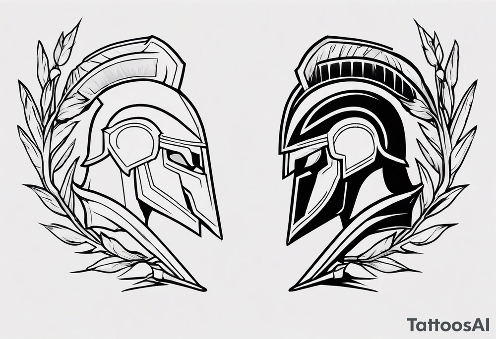 rectangular landscape format ultra-fine line linework vector of a spartan from the side, spartan spear, spartan shield, laurel wreath tattoo idea