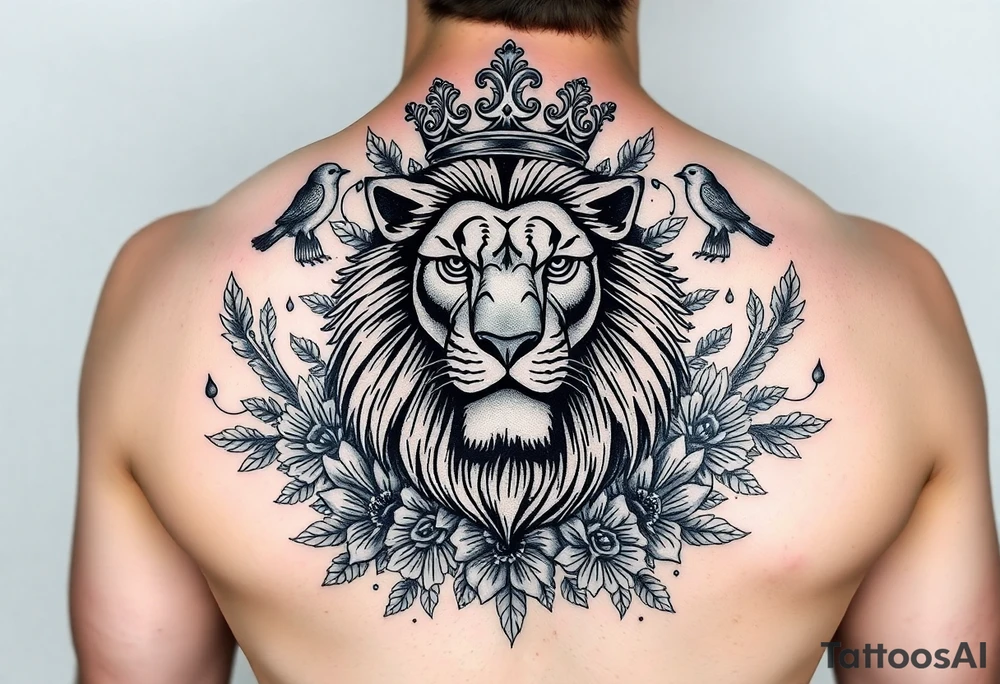 powerful majestic lion with a crown, surrounded by floral ornaments and birds tattoo idea