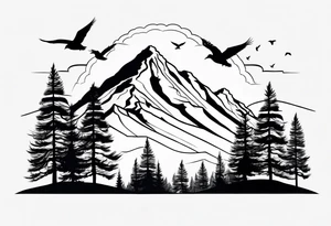 A mountain scape with trees. 5 silhouettes of birds. tattoo idea