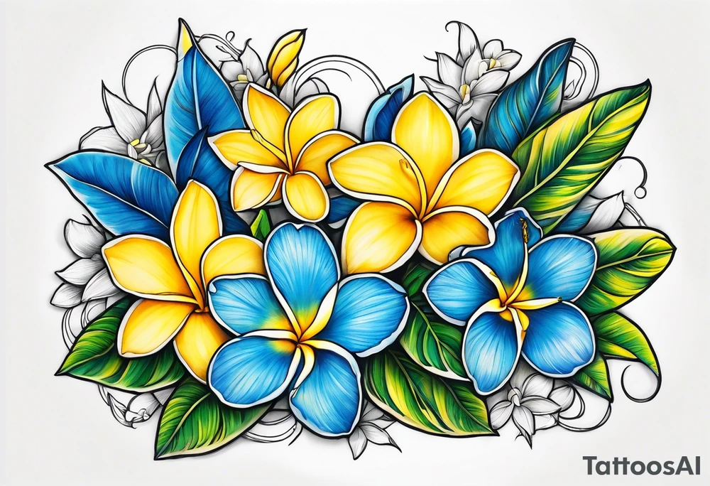 The word ohana surrounded by 
two blue plumerias, two yellow plumerias tattoo idea