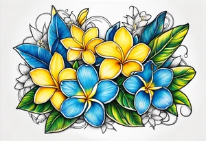 The word ohana surrounded by 
two blue plumerias, two yellow plumerias tattoo idea