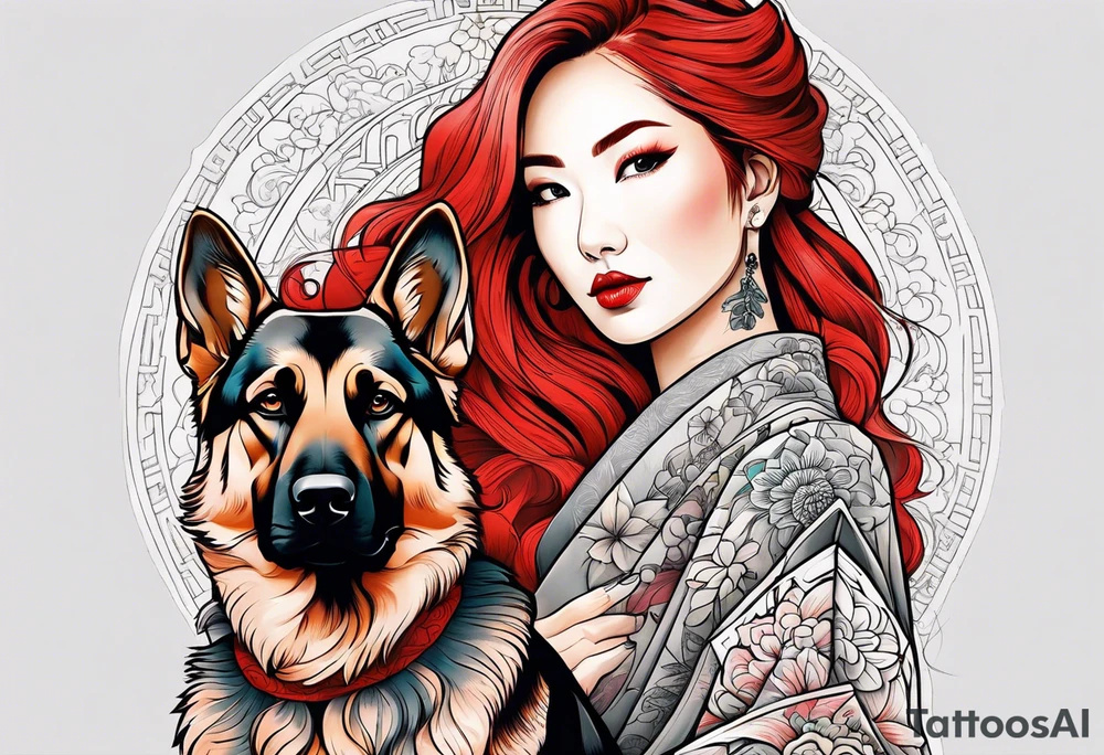 red hair woman with German shepherd dog tattoo idea