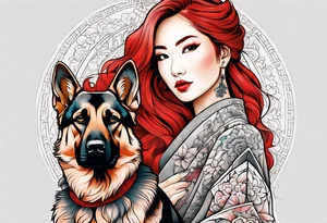 red hair woman with German shepherd dog tattoo idea