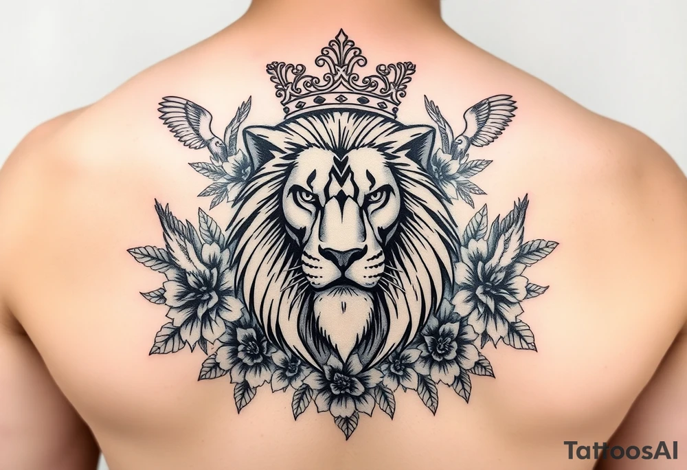 powerful majestic lion with a crown, surrounded by floral ornaments and birds tattoo idea