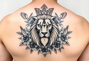 powerful majestic lion with a crown, surrounded by floral ornaments and birds tattoo idea