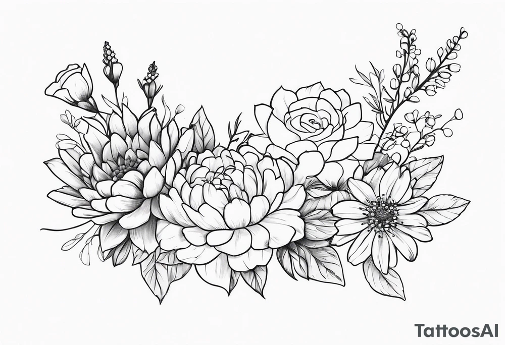 Asters, roses, lily of the valley, and chrysanthemums in a long line tattoo idea