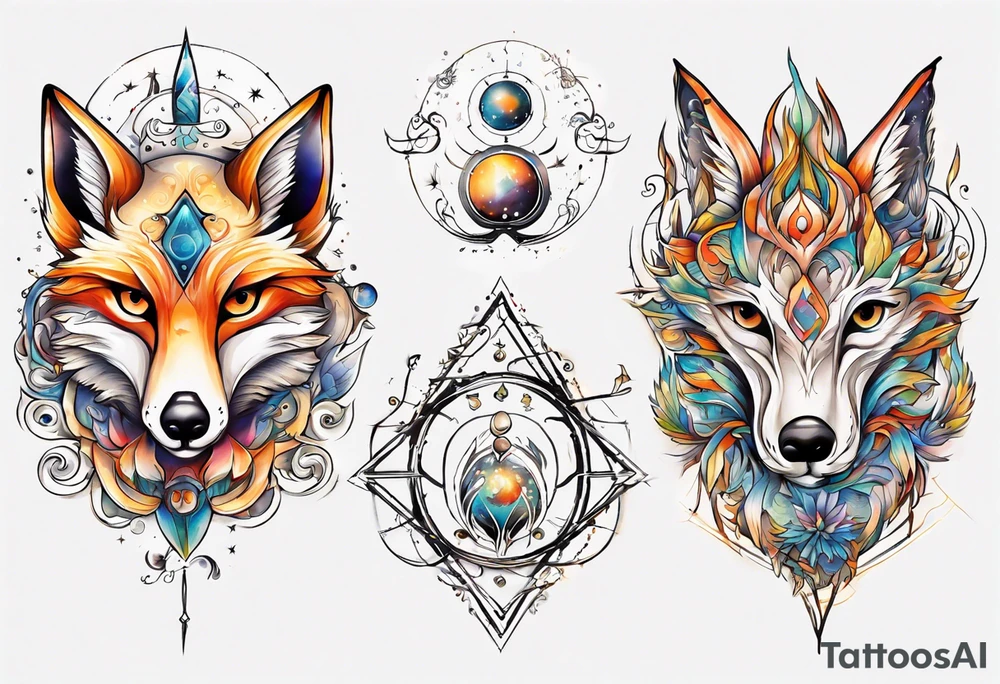 fisch, fuchs und eule , symetrie  sonne, universum, bunt, " sapere aude" tattoo idea