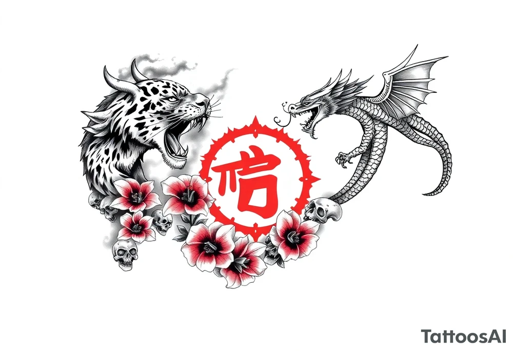 Dragon flying up on right side, tiger with skulls crawling down on left, centered kanji tattoo (red), big red spider lilies in background, smoke/cloud effects. Outer forearm sleeve tattoo idea