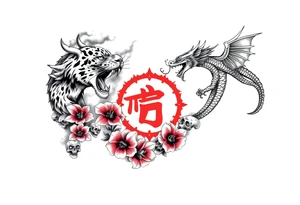 Dragon flying up on right side, tiger with skulls crawling down on left, centered kanji tattoo (red), big red spider lilies in background, smoke/cloud effects. Outer forearm sleeve tattoo idea