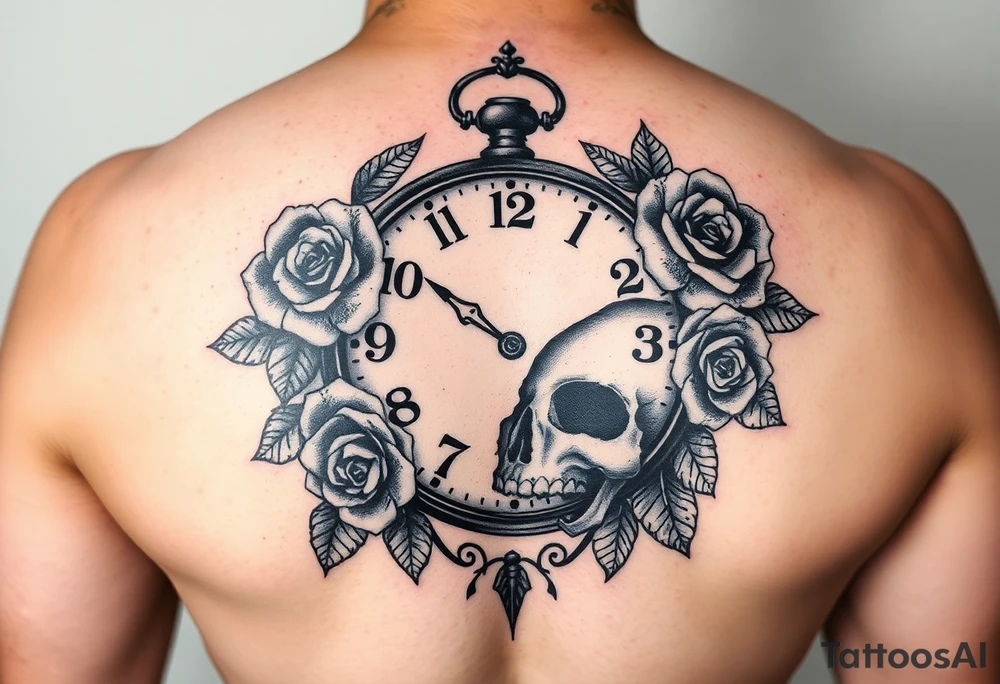 Broken Clock face 11:43 as set time. With roses and skull looking to the clock tattoo idea