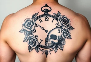 Broken Clock face 11:43 as set time. With roses and skull looking to the clock tattoo idea