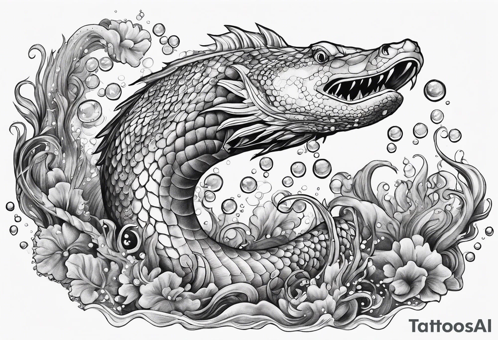 sea serpent underwater with fish and bubbles tattoo idea