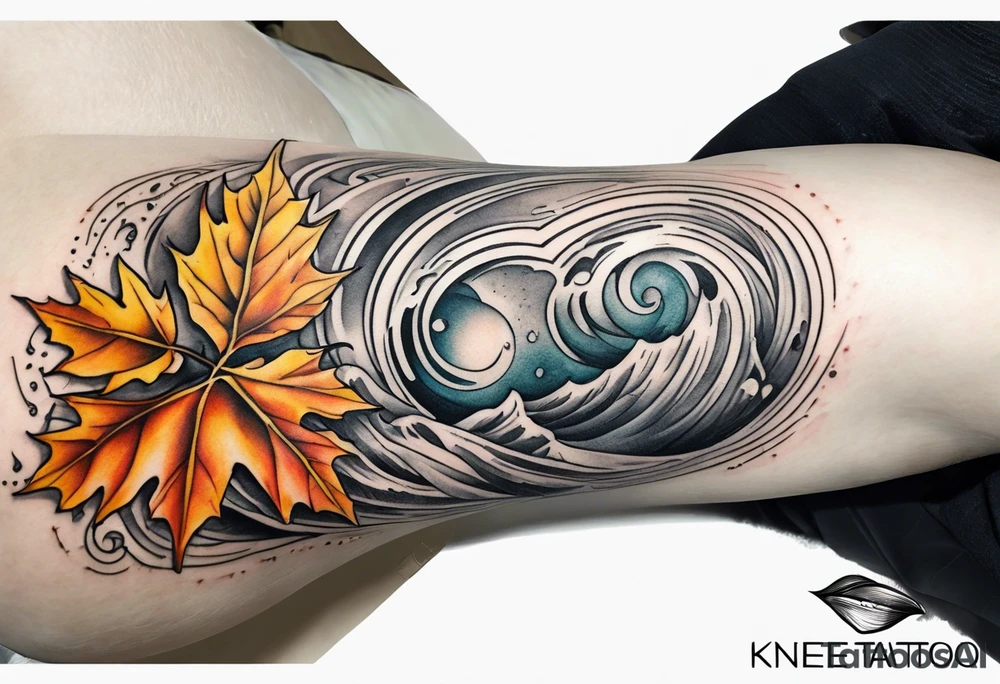 Knee tattoo in fall colors with water flow washes tattoo idea