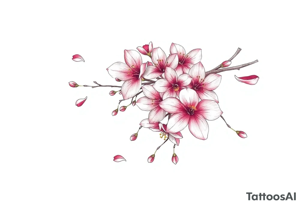 delicate cherry blossoms swirling in spring breeze with petals tattoo idea