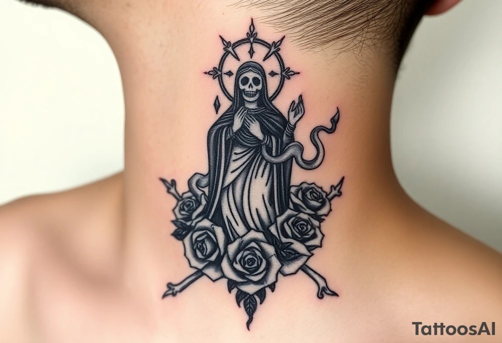 Santa muerte rising out of smoke surrounded by broken bones and roses tattoo idea