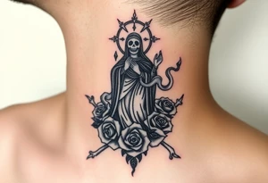 Santa muerte rising out of smoke surrounded by broken bones and roses tattoo idea