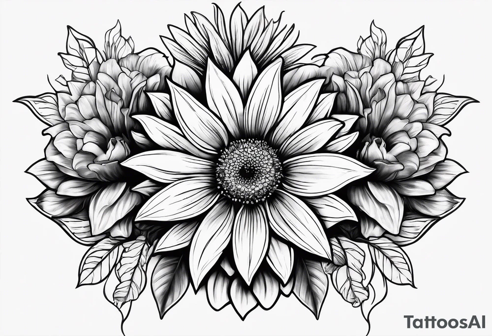 Sun Flower in the middle, Rose and Lily on top and a Gerbera daisy on the bottom tattoo idea
