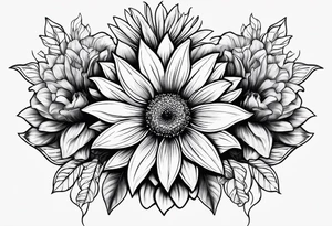 Sun Flower in the middle, Rose and Lily on top and a Gerbera daisy on the bottom tattoo idea