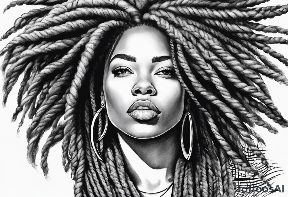 Draw a women head with real dread locks flying in the air, tattoo idea