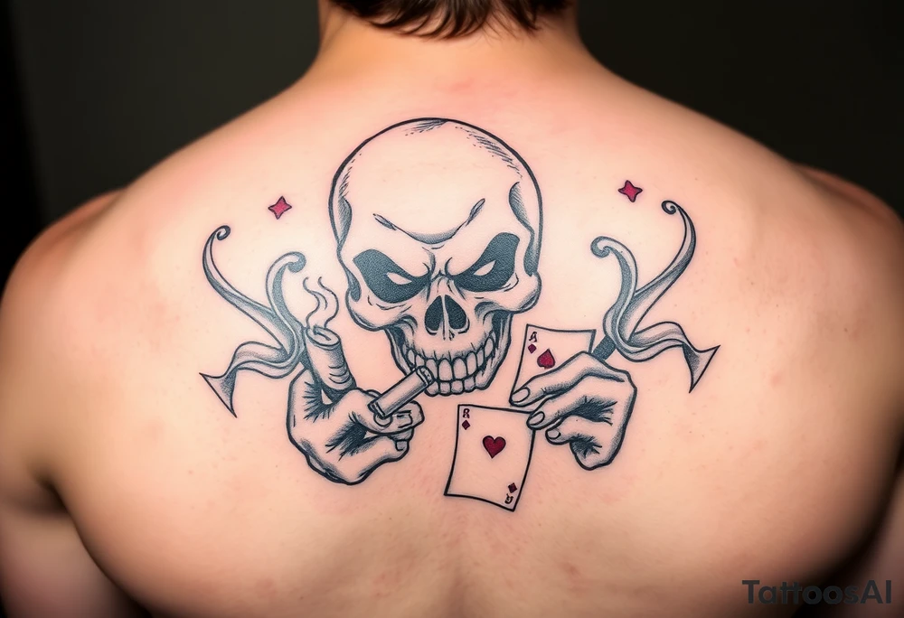 Gangster scene clown skull mid evil smoking cigar playing cards on the streets tattoo idea
