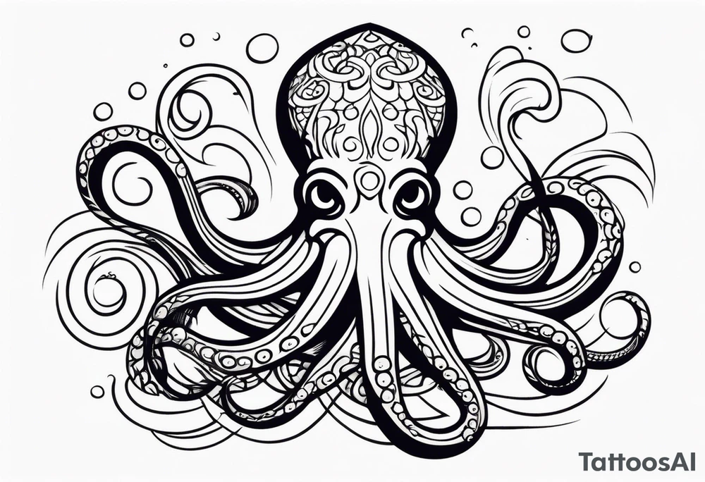 Tribal half sleeve. octopus surrounded by ribbons of water waves filled with fish. the octopus has small eyes. Use thick lines only with less detail. tattoo idea