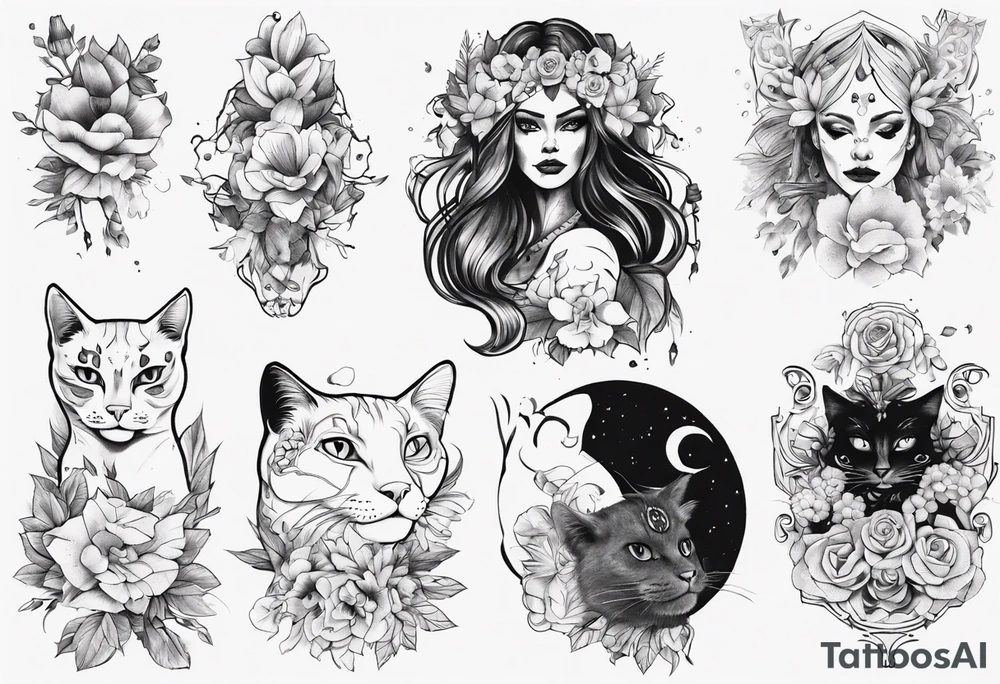B&w tattoo arm with flowers dotting work and with an cat in it and a dark elf woman Scandinavian tattoo idea