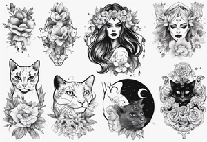 B&w tattoo arm with flowers dotting work and with an cat in it and a dark elf woman Scandinavian tattoo idea