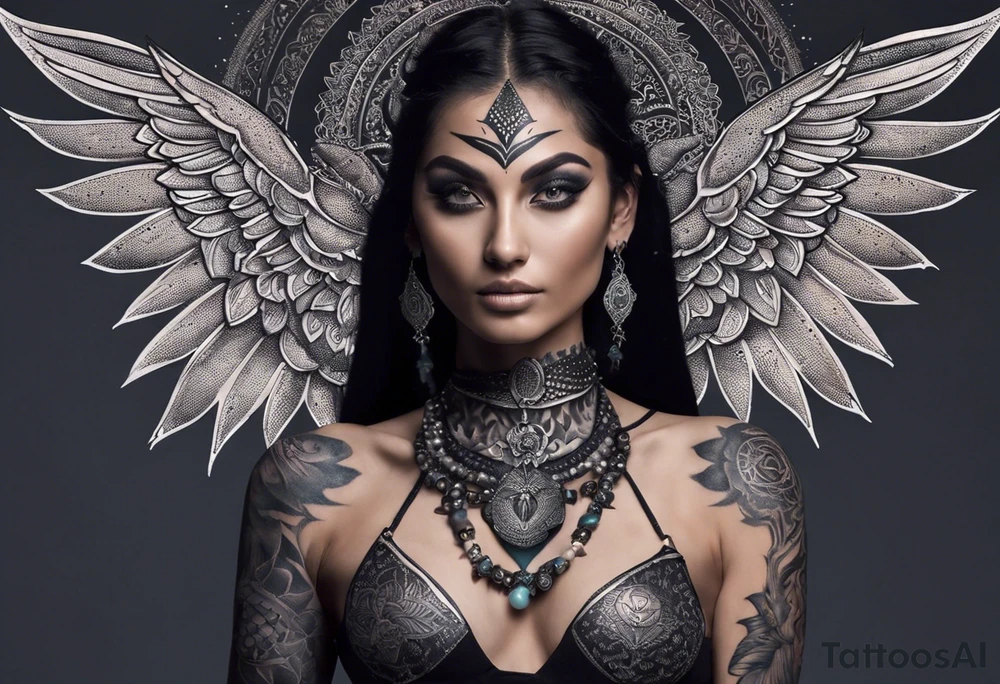 black kali, goddess pirate, alien, angel, pachamama, valkrye, warrior, flying, skull, lotus azul, wing, eagle, zenza resonance, stars, 5D, anahata chakra, death, durga, riding on a tiger, flying lady, chest tatoo tattoo idea