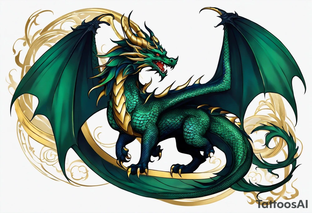 An epic with no wings, floating. Its long body coiling dynamically, with scales and horns detailed to create a sense of movement and strength. The dragon's main color is midnight blue but features little accents in dark green and gold, giving a vibrant depth and a mystical aura. This tattoo highlights the dragon’s fierce expression and sharp claws. tattoo idea