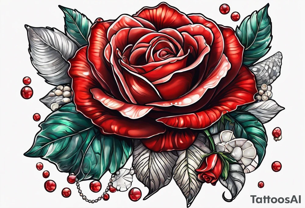 Red rose with hanging pearls and seashell tattoo idea